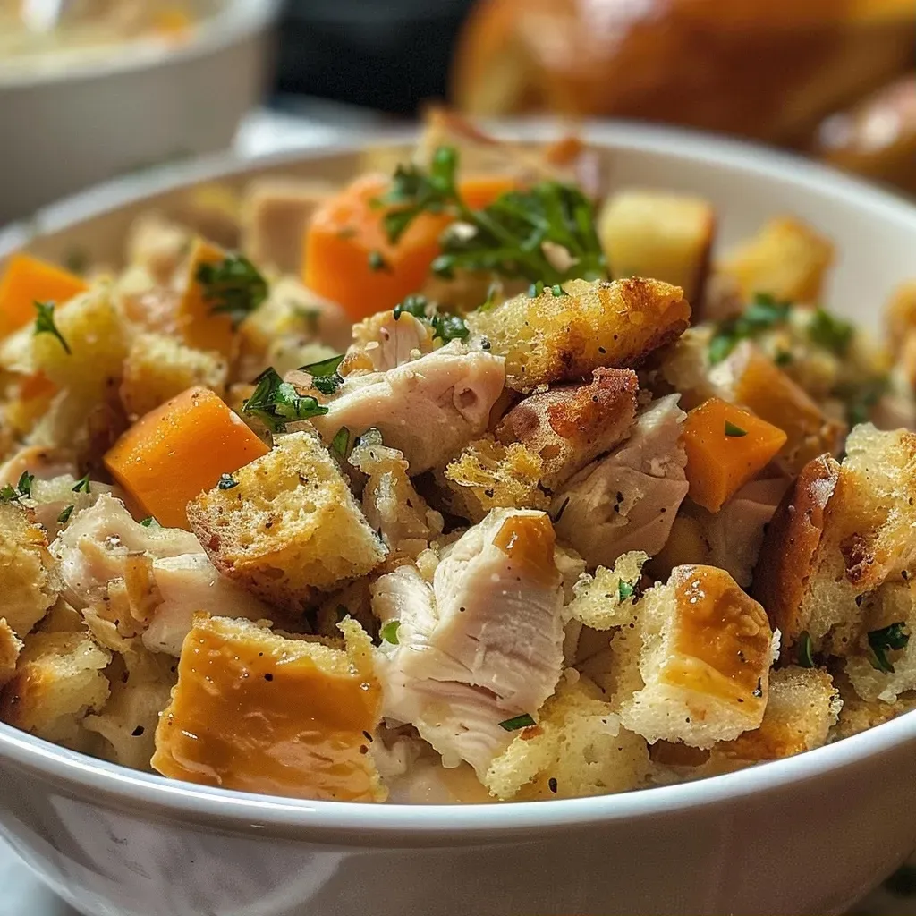 Close-up view of juicy slow cooker chicken with stuffing.