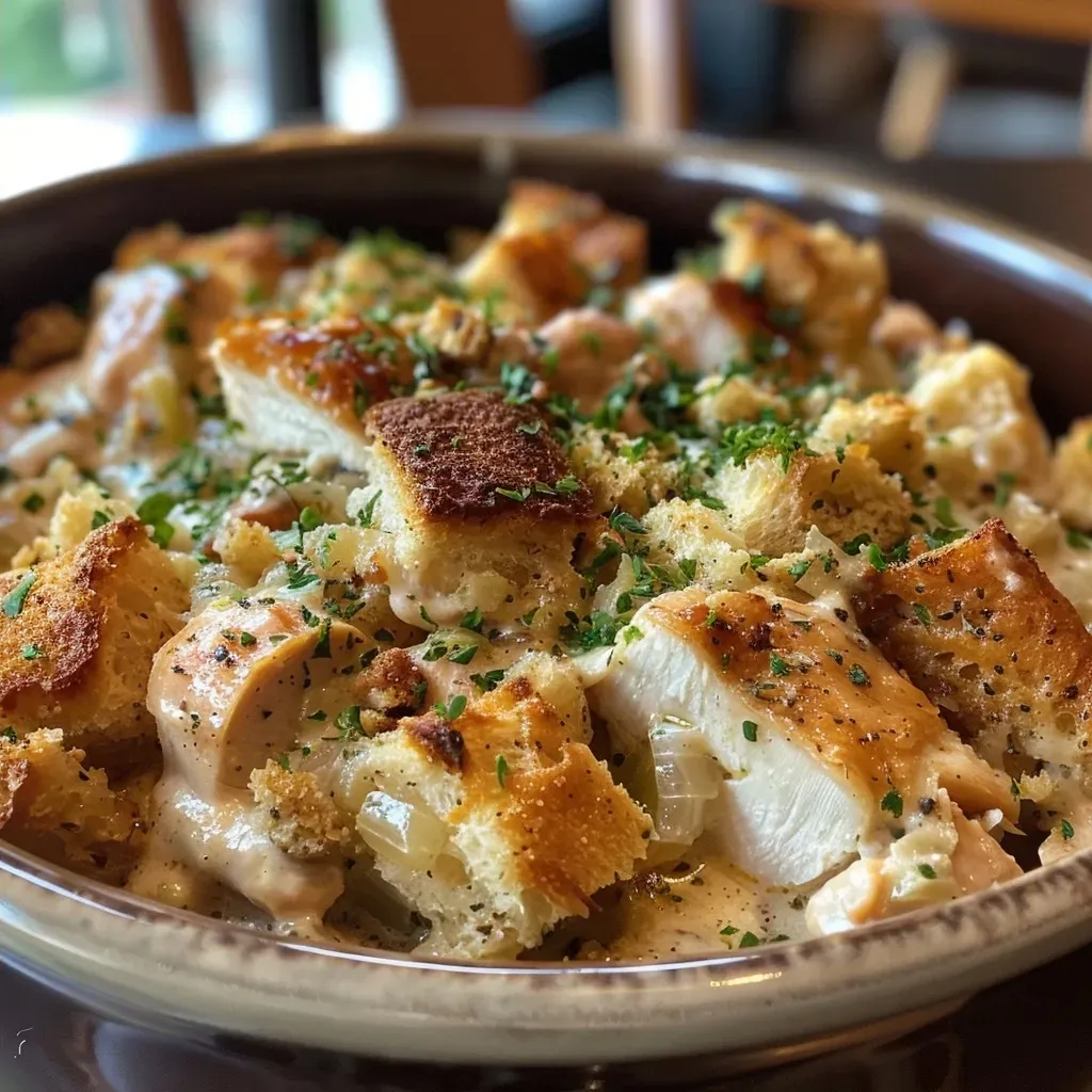 Side view of tender chicken breasts topped with stuffing and broth.