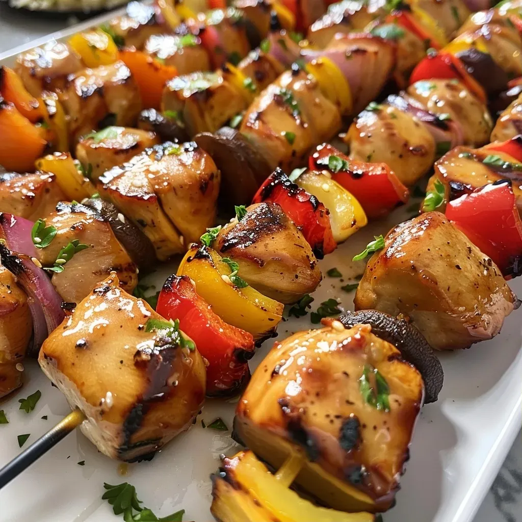 Close-up of juicy smoked chicken kabobs with colorful bell peppers and onions.