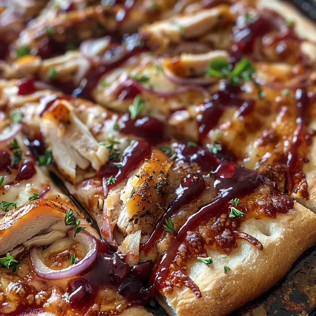 Close-up of a smoked chicken pizza topped with brie and cranberry sauce.