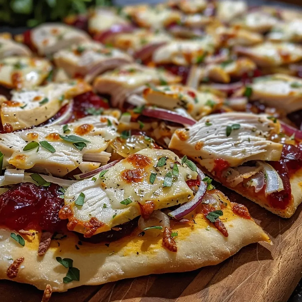 Side view of a delicious smoked chicken and brie pizza with cranberry.
