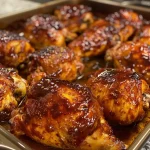 Juicy smoky BBQ chicken bake with a glossy glaze, served in a baking dish.