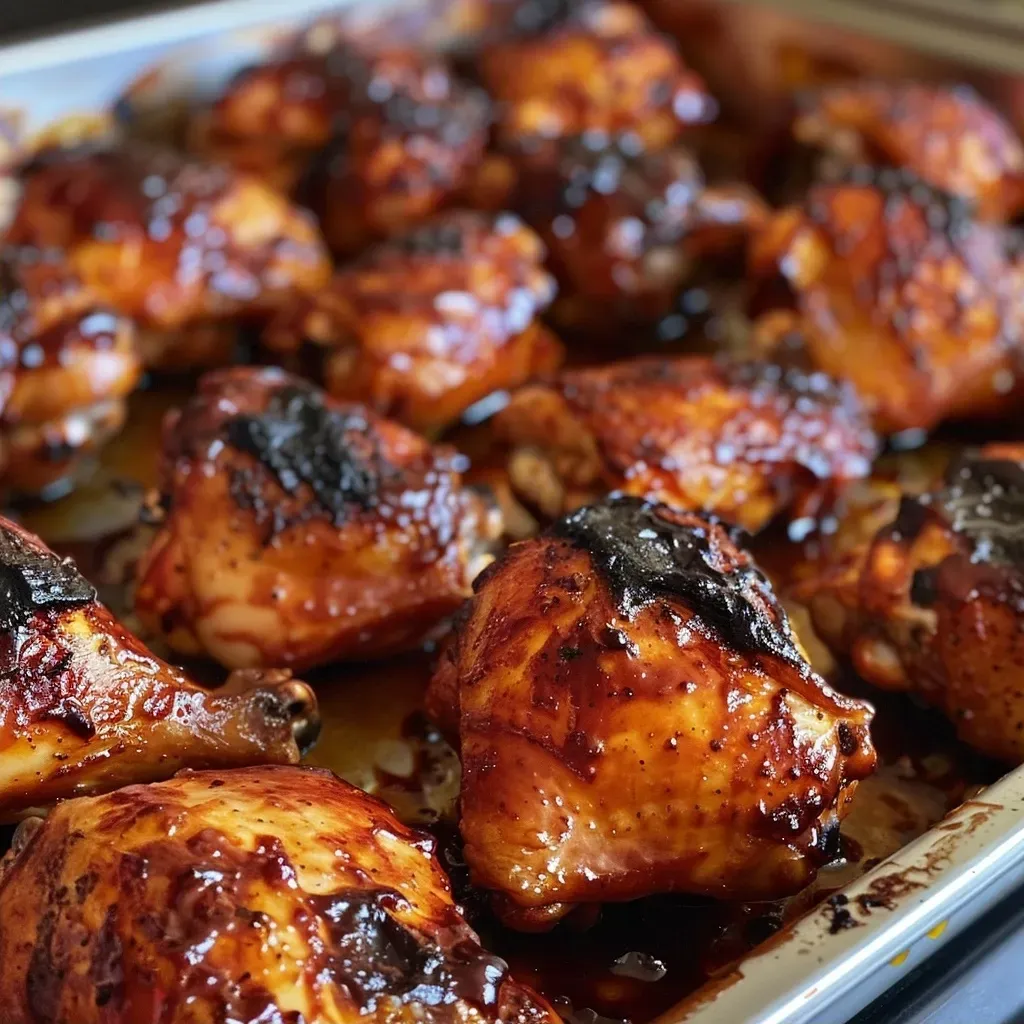 Close-up view of tender chicken pieces coated in a rich BBQ sauce, garnished.
