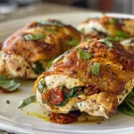 Close-up view of juicy Sun Dried Tomato Stuffed Chicken with melted cheese and spinach.