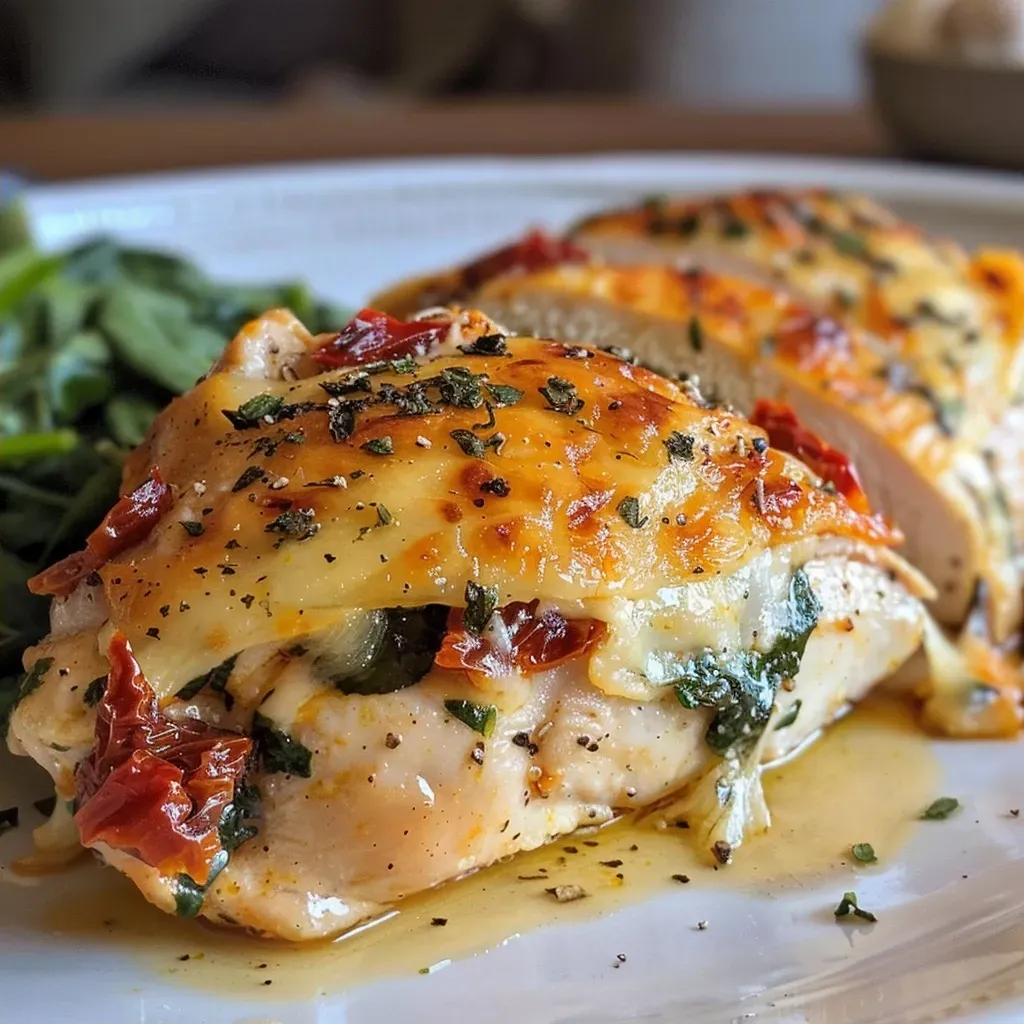 Side angle shot of stuffed chicken breast showcasing sun dried tomatoes and gouda.