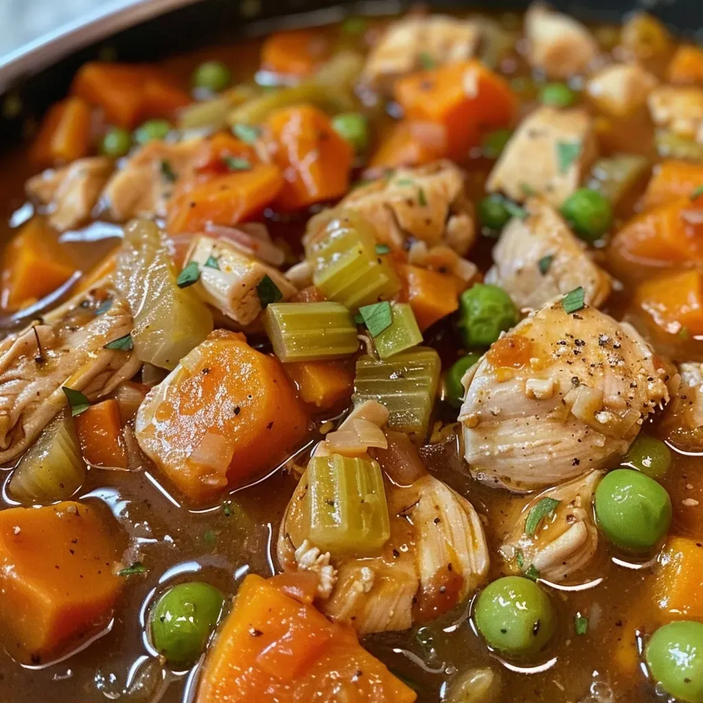 Close-up view of a bowl of sweet chicken stew with colorful vegetables.