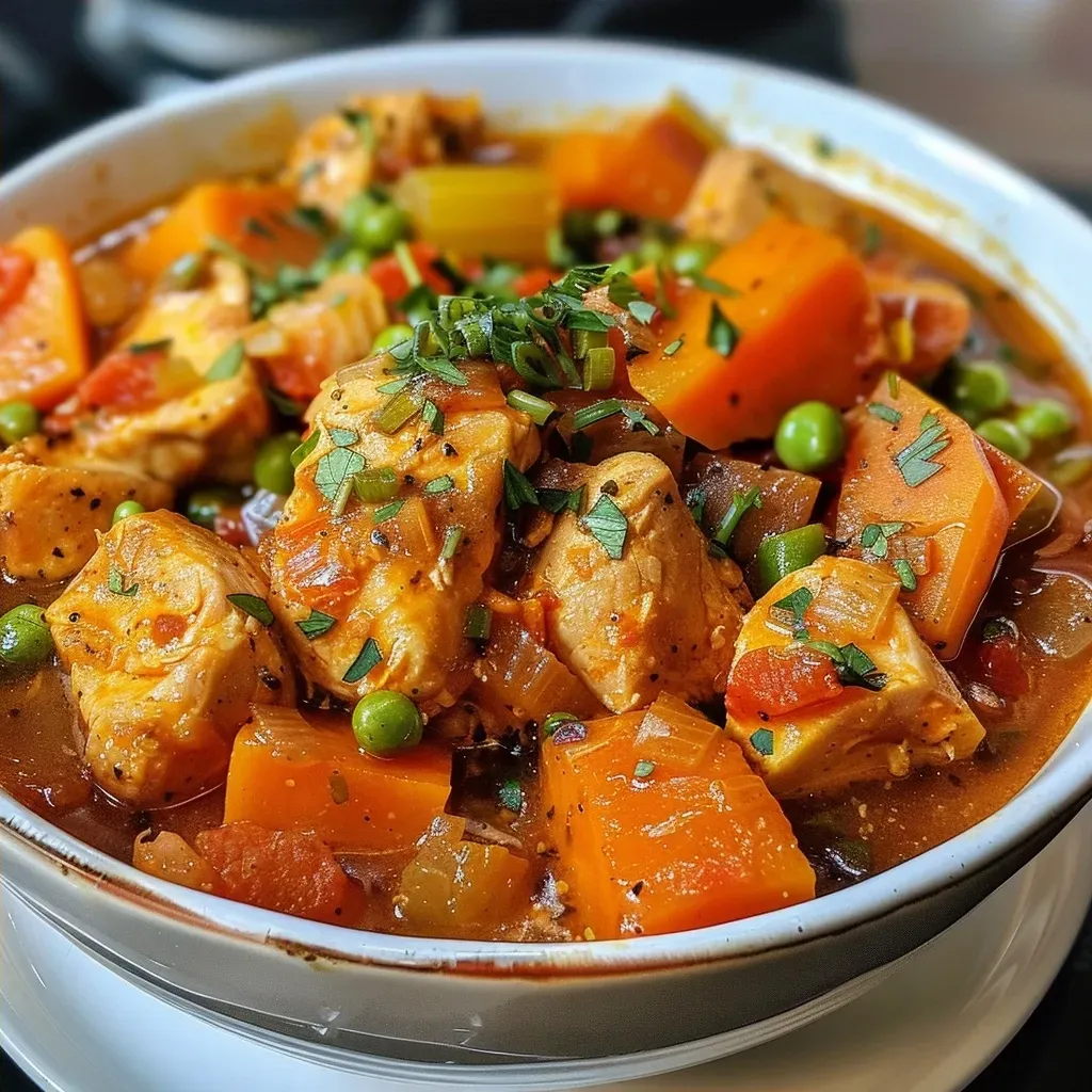 Side view of hearty chicken stew showcasing tender chicken and sweet potatoes.