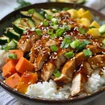 Close-up of a Teriyaki Chicken Rice Bowl featuring glistening chicken slices on rice.