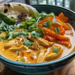 A close-up view of a bowl filled with Thai Chicken Coconut Curry Soup, showcasing its creamy texture and colorful ingredients.