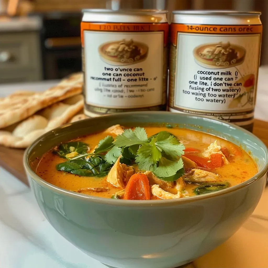 A side view of vibrant Thai Chicken Coconut Curry Soup with floating spinach leaves and a garnish of cilantro.