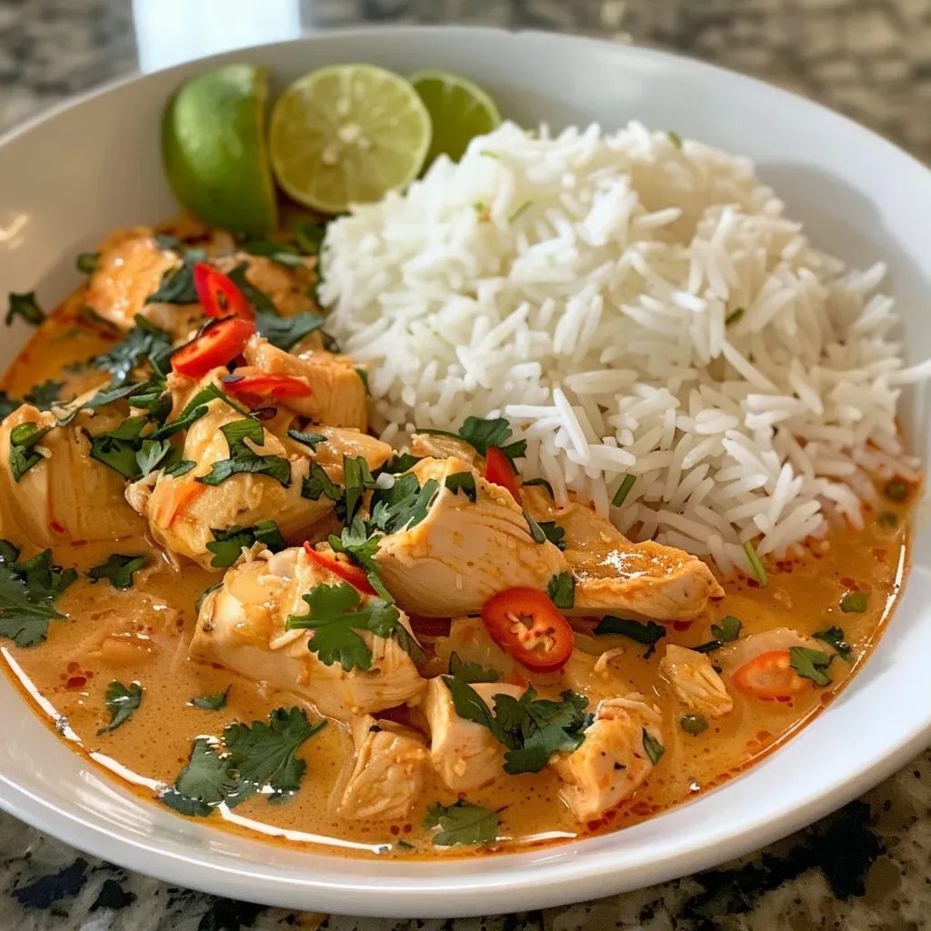 Close-up of a bowl filled with Thai Red Curry Chicken, rice, and garnishes.