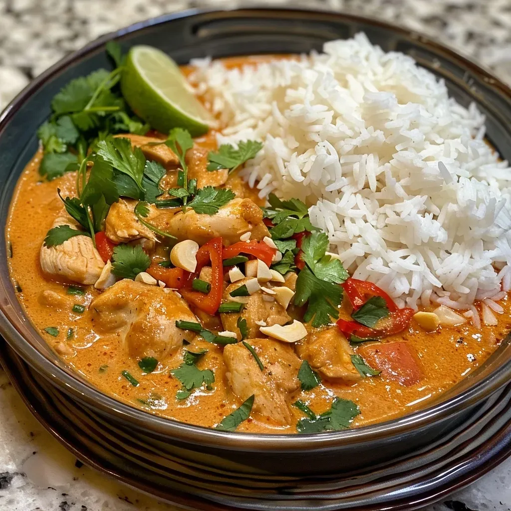 Juicy Thai Red Curry Chicken served in a bowl with jasmine rice and green herbs.