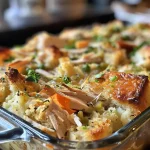 Close-up side view of a savory Thanksgiving casserole loaded with turkey, mashed potatoes, and stuffing.