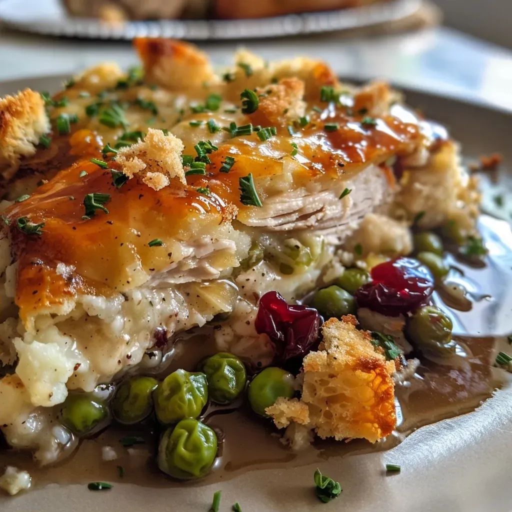 A delicious Thanksgiving casserole featuring layers of turkey, gravy, and green beans on a white plate.