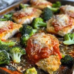 Juicy Sheet Pan Chicken Parmesan with broccoli and marinara, captured from the side.