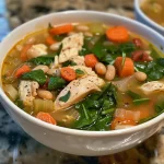 A close-up view of a bowl filled with Chicken and Cannellini Bean Soup, showcasing tender chicken chunks and beans.