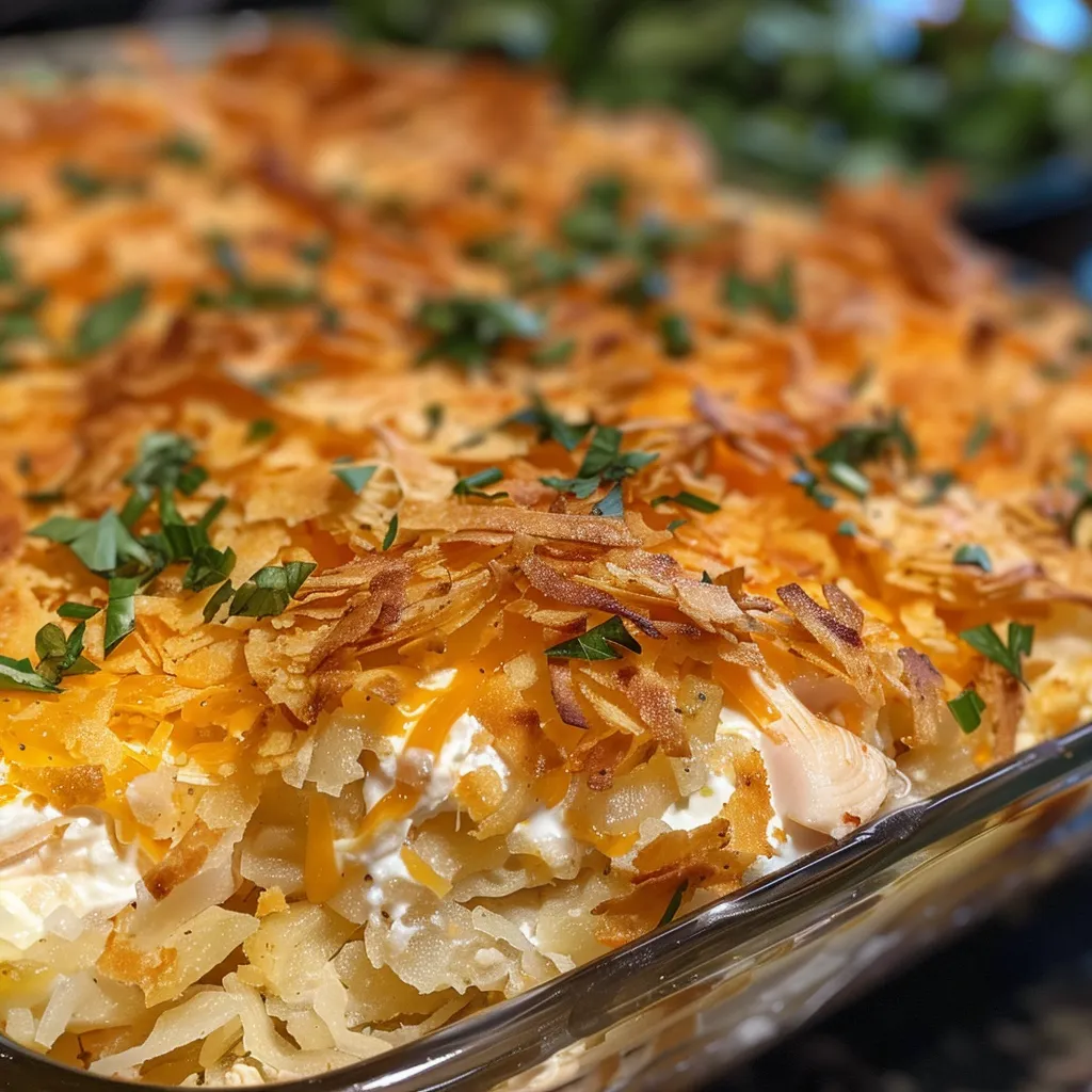 A close-up view of a hearty chicken hashbrown casserole, showcasing its layered ingredients.