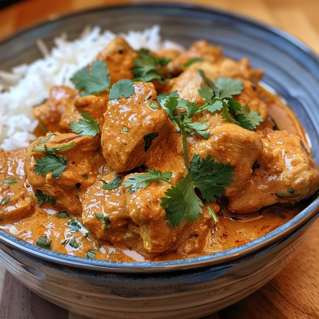 A close-up of Instant Pot Butter Chicken showcasing tender chicken pieces in a rich, creamy sauce topped with cilantro.