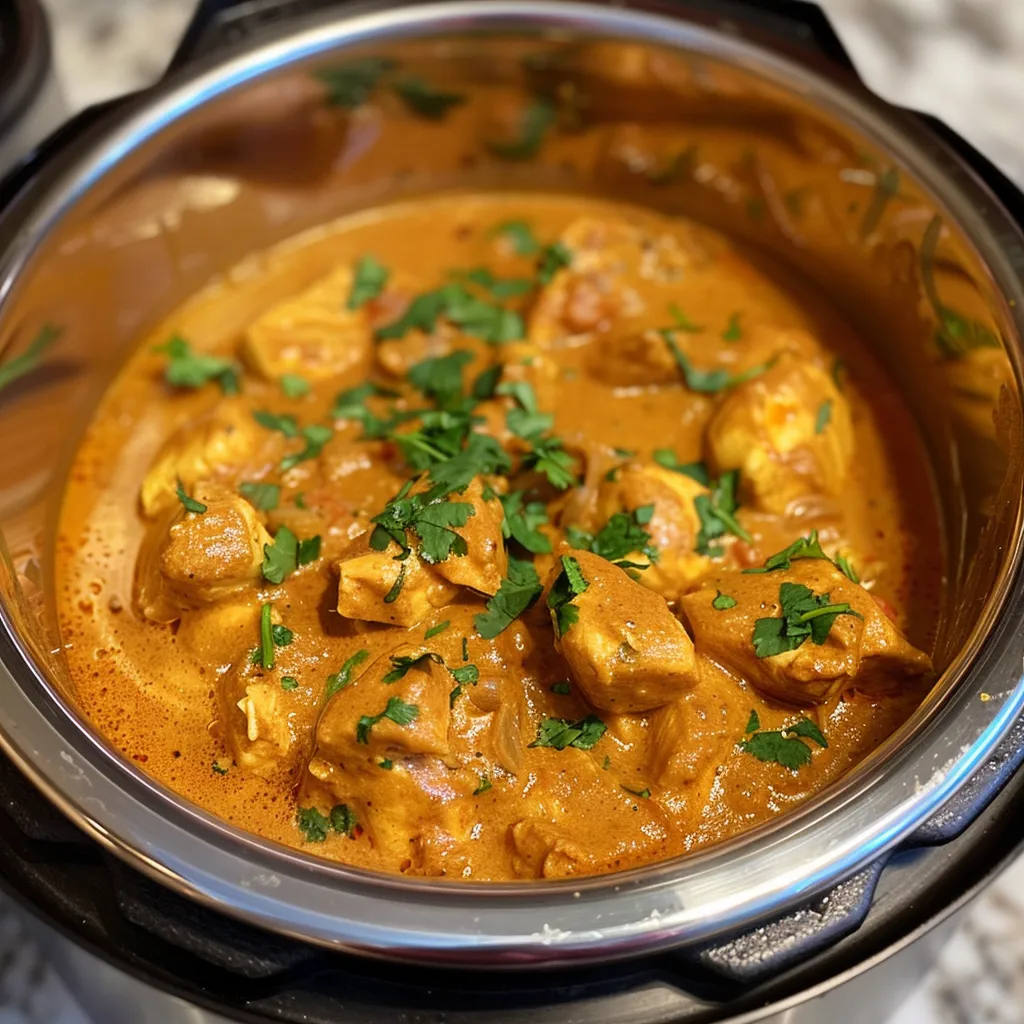 Juicy pieces of chicken in a vibrant orange sauce, garnished with fresh herbs, captured from a side view.