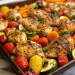 Close-up of honey balsamic chicken tenders with colorful vegetables on a baking sheet.