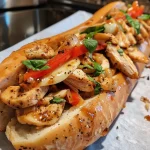Close-up of a Healthy Chicken Philly Cheesesteak with colorful vegetables and melted cheese.
