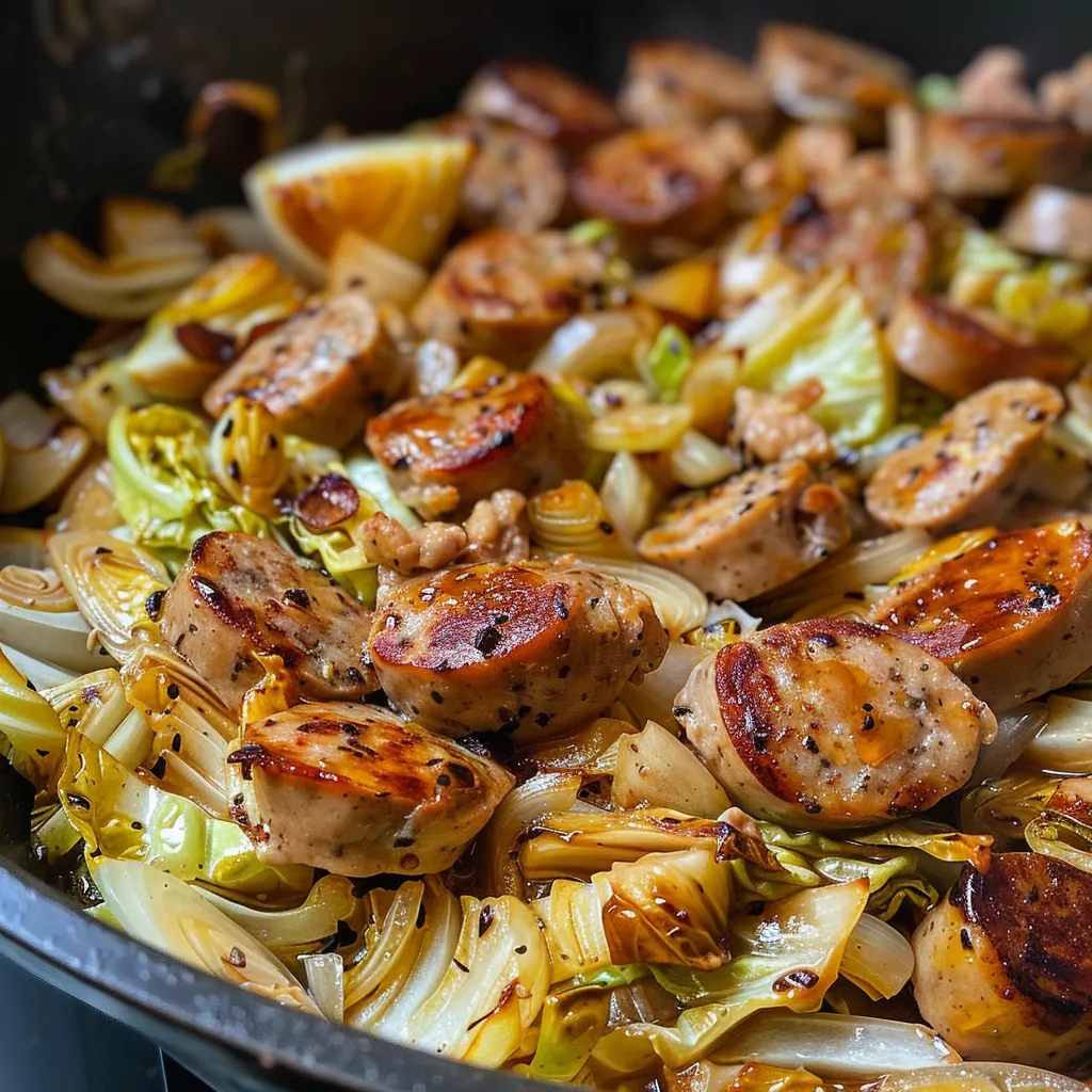 Close-up of a skillet filled with chicken sausage and cabbage, showcasing juicy sausage slices and vibrant green cabbage.