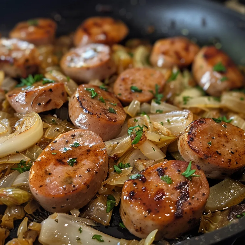 Side view of a colorful Easy Chicken Sausage and Cabbage Skillet, featuring cooked sausage and chopped cabbage in a frying pan.