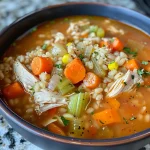 Close-up of a bowl of Chicken Barley Soup with visible chunks of chicken and vegetables.