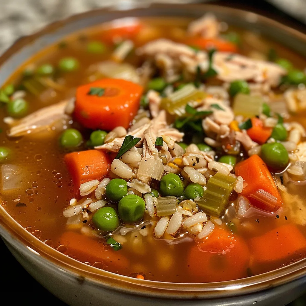 Side view of steaming Chicken Barley Soup filled with barley, carrots, and peas.