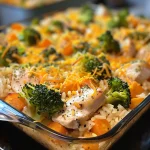 Close-up side view of a Broccoli Cheddar Chicken and Rice Casserole in a baking dish.