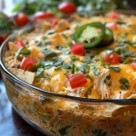 A close-up view of creamy Chicken Nacho Dip with melted cheese and garnishes.
