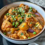 Close-up view of a steaming bowl of Indian chicken stew with vibrant vegetables and spices.
