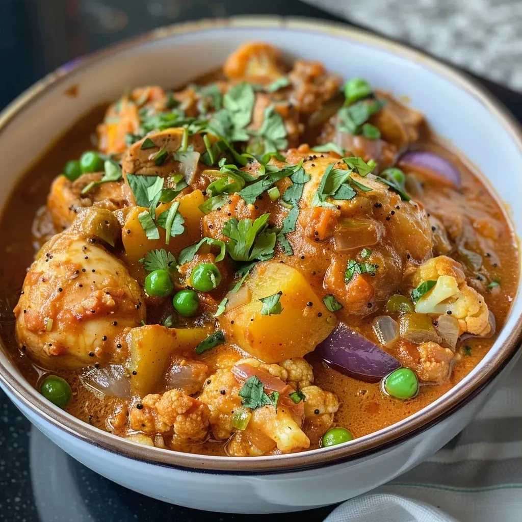 Close-up view of a steaming bowl of Indian chicken stew with vibrant vegetables and spices.