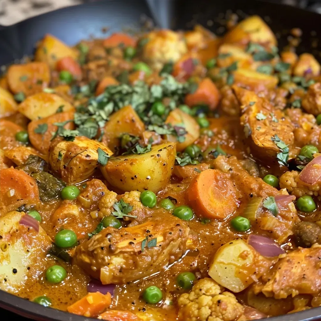 Side view of a luscious chicken stew filled with carrots, potatoes, and green peas.