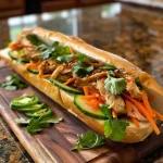 A close-up view of a Vietnamese Chicken Banh Mi sandwich highlighting juicy chicken and fresh vegetables.