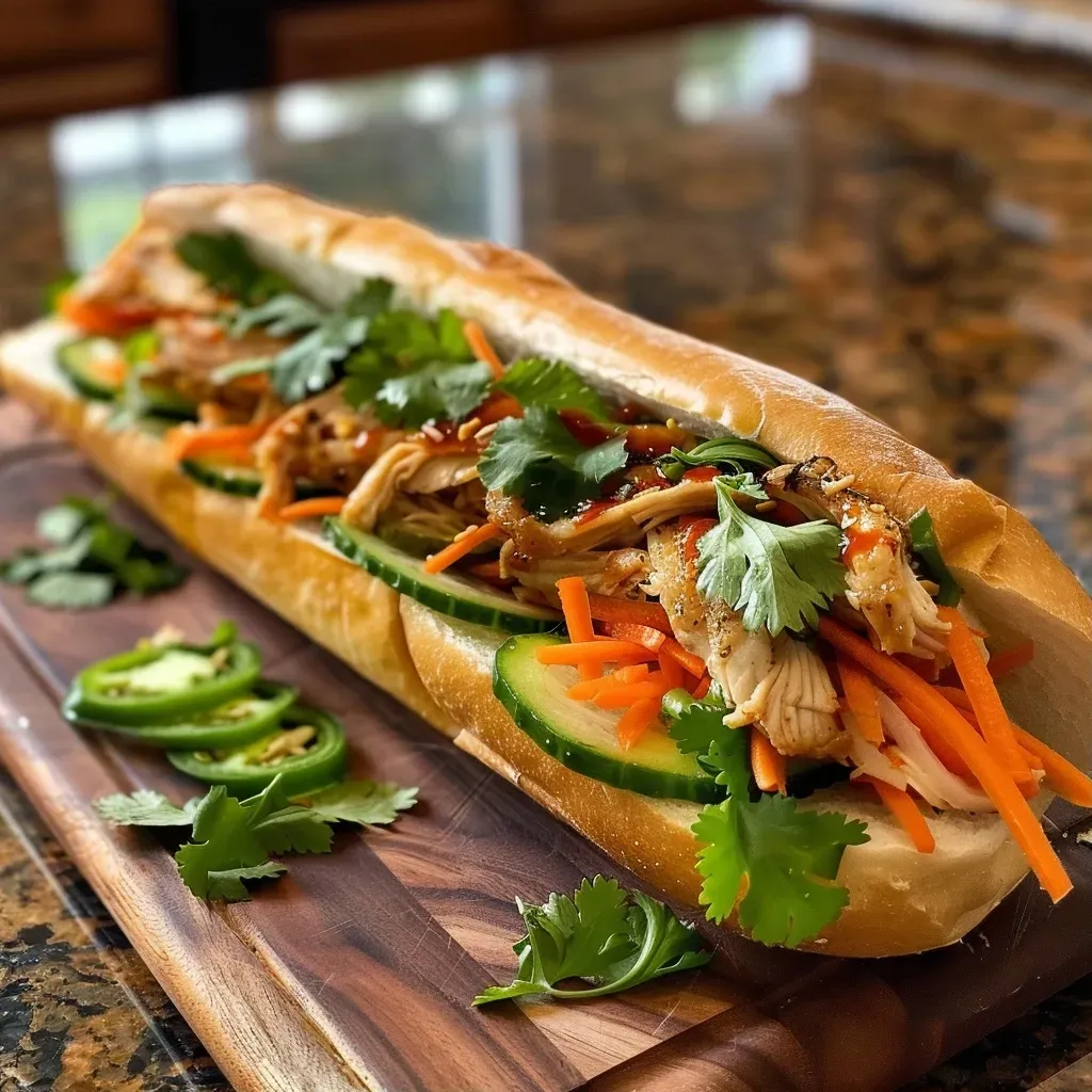 A close-up view of a Vietnamese Chicken Banh Mi sandwich highlighting juicy chicken and fresh vegetables.