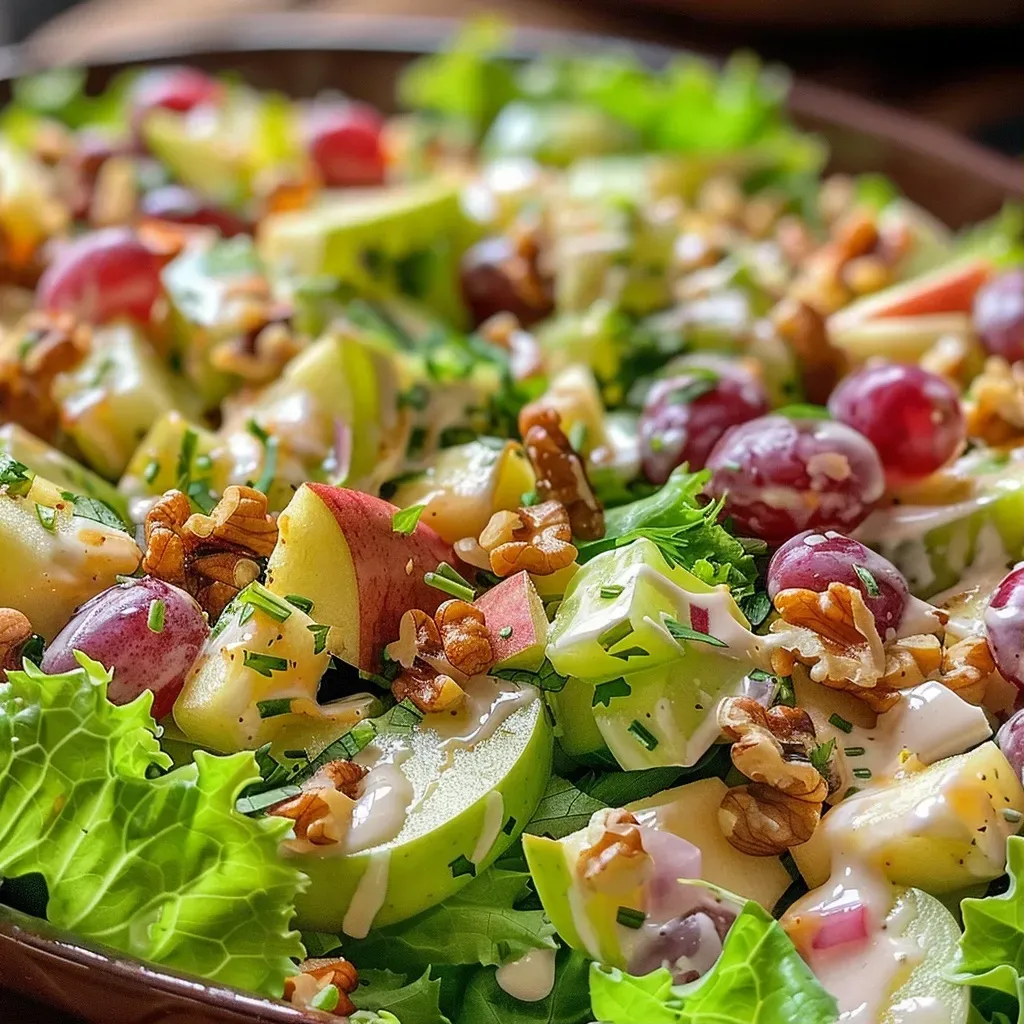 Close-up view of a colorful Waldorf salad featuring grapes, apples, and walnuts.