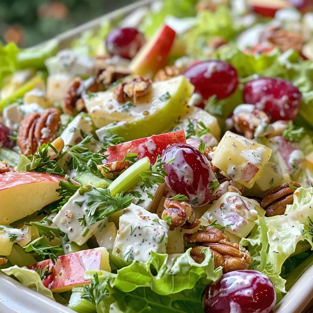 Side view of a fresh Waldorf salad with celery and tarragon on a plate.