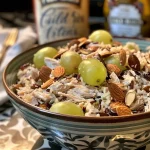 Close-up view of a colorful wild rice chicken salad with grapes and almonds.